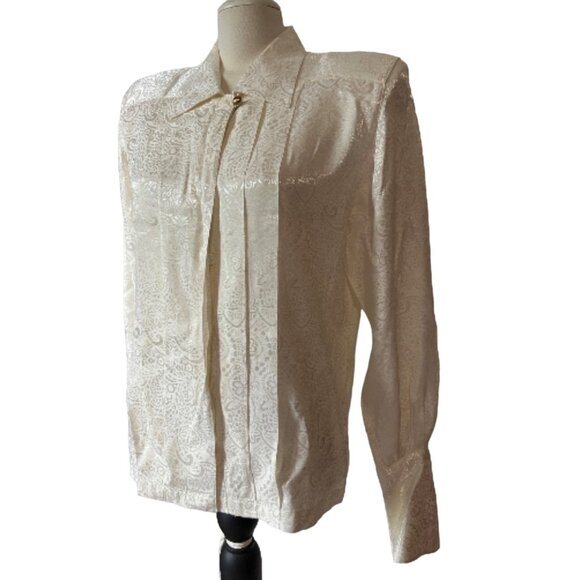 Liz Claiborne Vintage Pleated Front Collared Silky Blouse Sz 8 (Medium) Off Whit - Picture 13 of 16